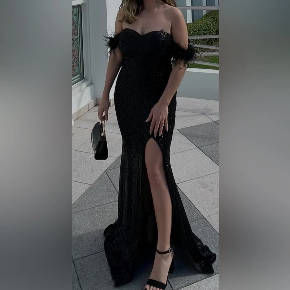 Black Sequin Off-Shoulder Evening Gown - Picture 3 of 3